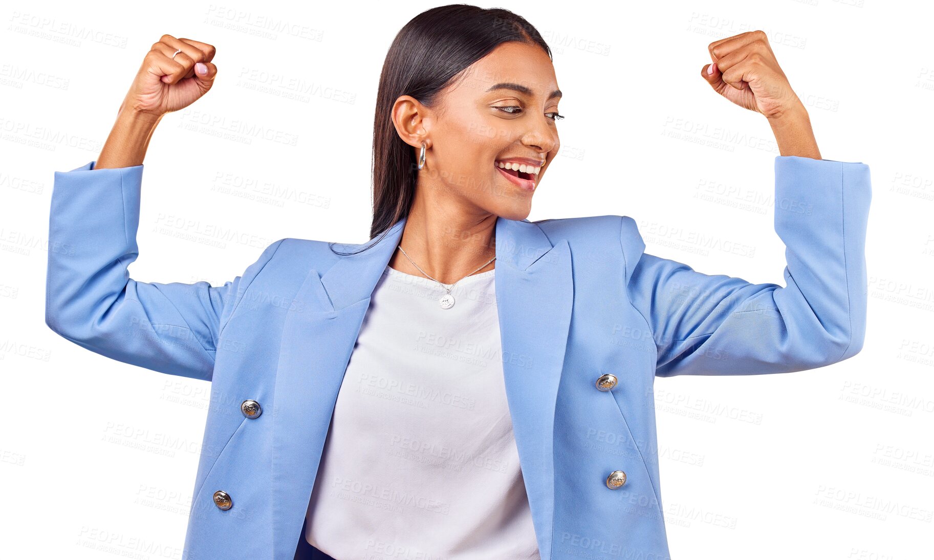 Buy stock photo Flex, success and happy as business woman for pride career, professional and champion. Empowerment, power and strong with person in celebration achievement and isolated on transparent png background