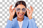 Funny, silly woman and sunglasses with tongue out, comedy and fa