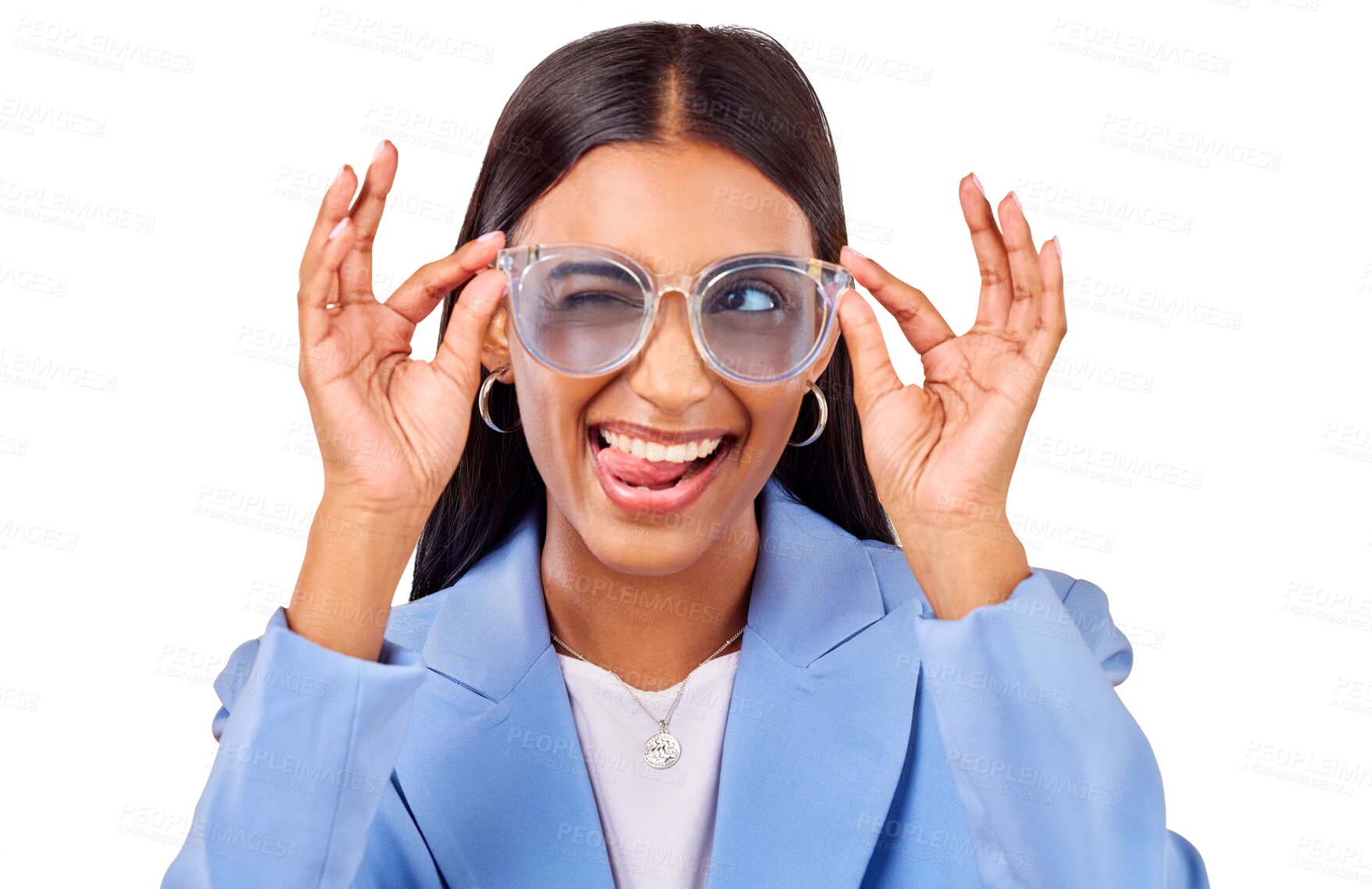 Buy stock photo Goofy, face of woman and sunglasses with tongue out, creative and isolated on transparent png background. Business, crazy and young professional in modern fashion, trendy cool style and work clothes.