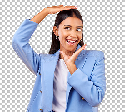 Buy stock photo Business woman, hands and frame for thinking with excited, creative and perspective in professional career. Indian, person or emoji as entrepreneur with idea or isolated on transparent png background