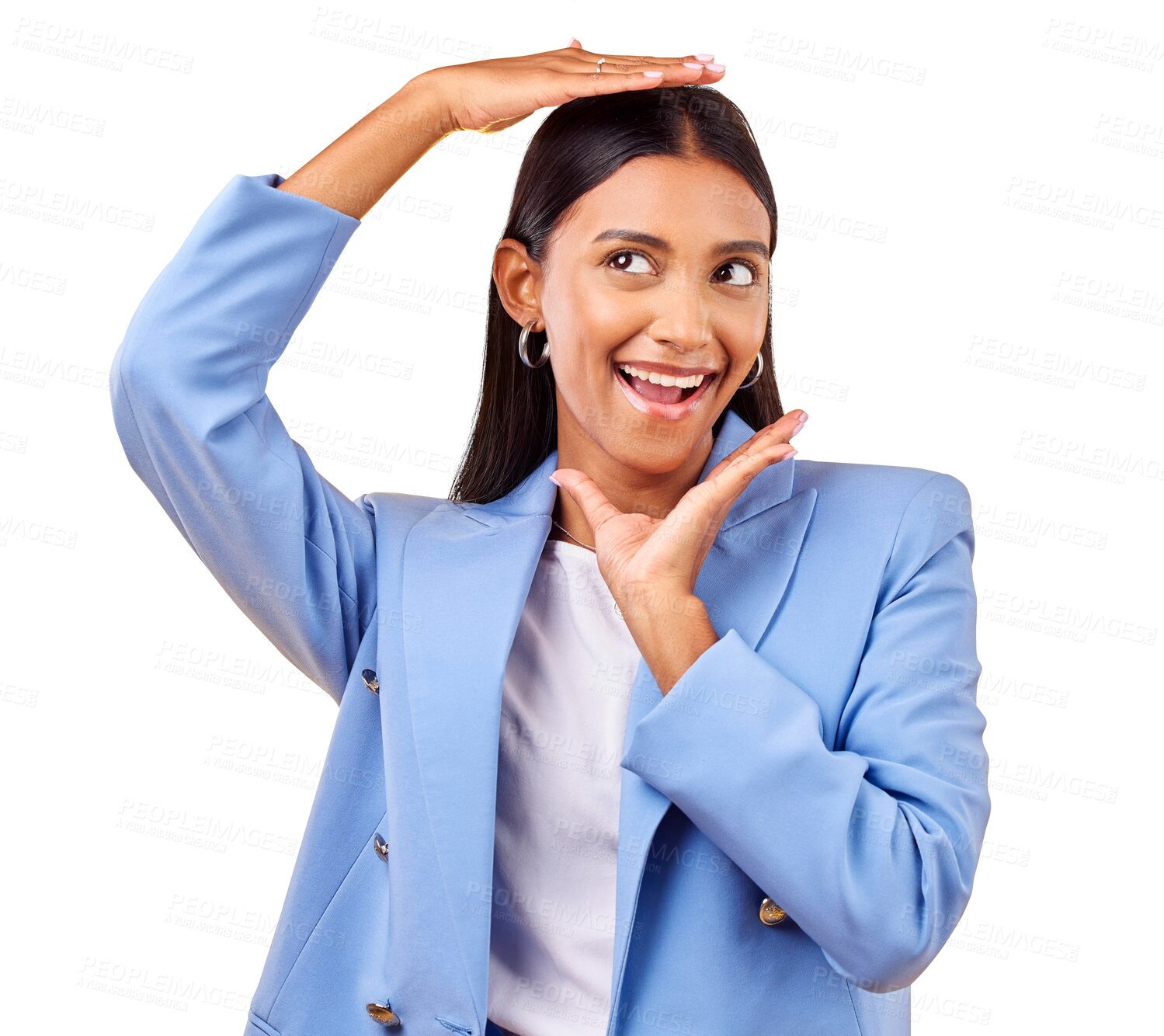 Buy stock photo Business woman, hands and frame for thinking with excited, creative and perspective in professional career. Indian, person or emoji as entrepreneur with idea or isolated on transparent png background