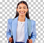 Happy, studio or portrait of woman student with backpack smile o
