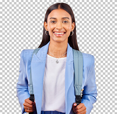 Buy stock photo Happy, woman student and backpack in portrait for scholarship, future education and university career  Bag, face and indian girl with excited for college and isolated on transparent png background