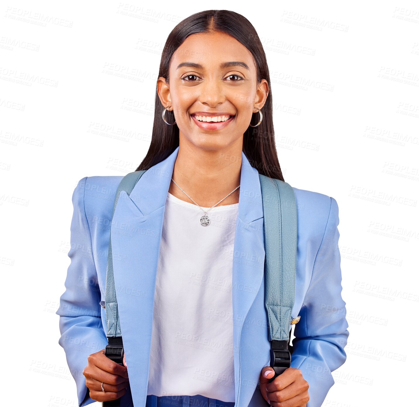 Buy stock photo Happy, woman student and backpack in portrait for scholarship, future education and university career  Bag, face and indian girl with excited for college and isolated on transparent png background