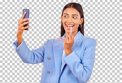 Buy stock photo Isolated business woman, lipstick and selfie for makeup application, beauty and transparent png background. Entrepreneur, check lips and cosmetics with color, mouth and smile for social media post