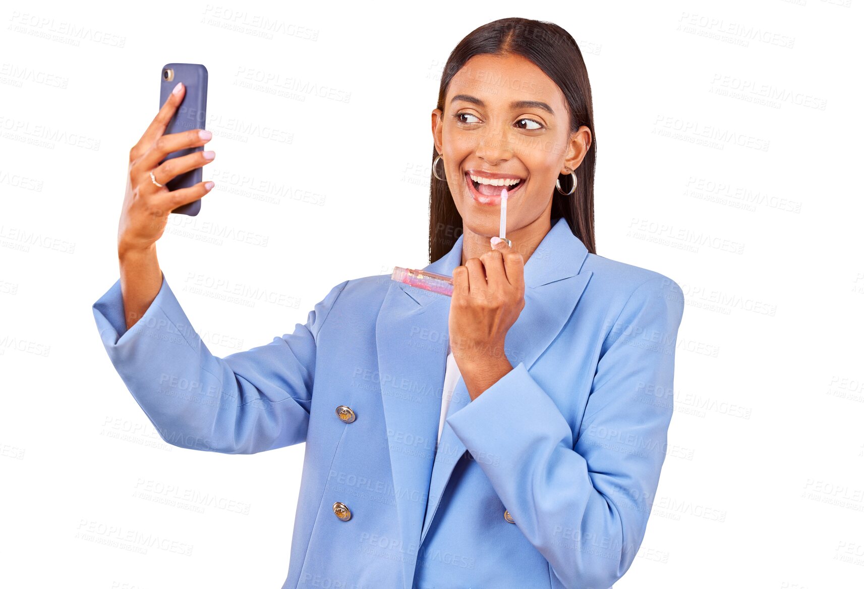 Buy stock photo Isolated business woman, lipstick and selfie for makeup application, beauty and transparent png background. Entrepreneur, check lips and cosmetics with color, mouth and smile for social media post