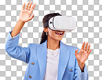 Business woman, virtual reality glasses and studio with hands, s