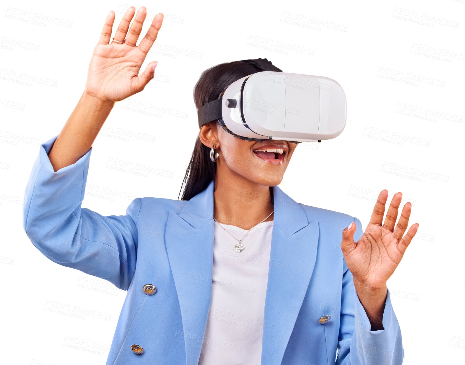 Buy stock photo Isolated business woman, augmented reality glasses or hands for test, metaverse or ui by transparent png background. Entrepreneur, 3d user experience or game for futuristic vr vision in digital world