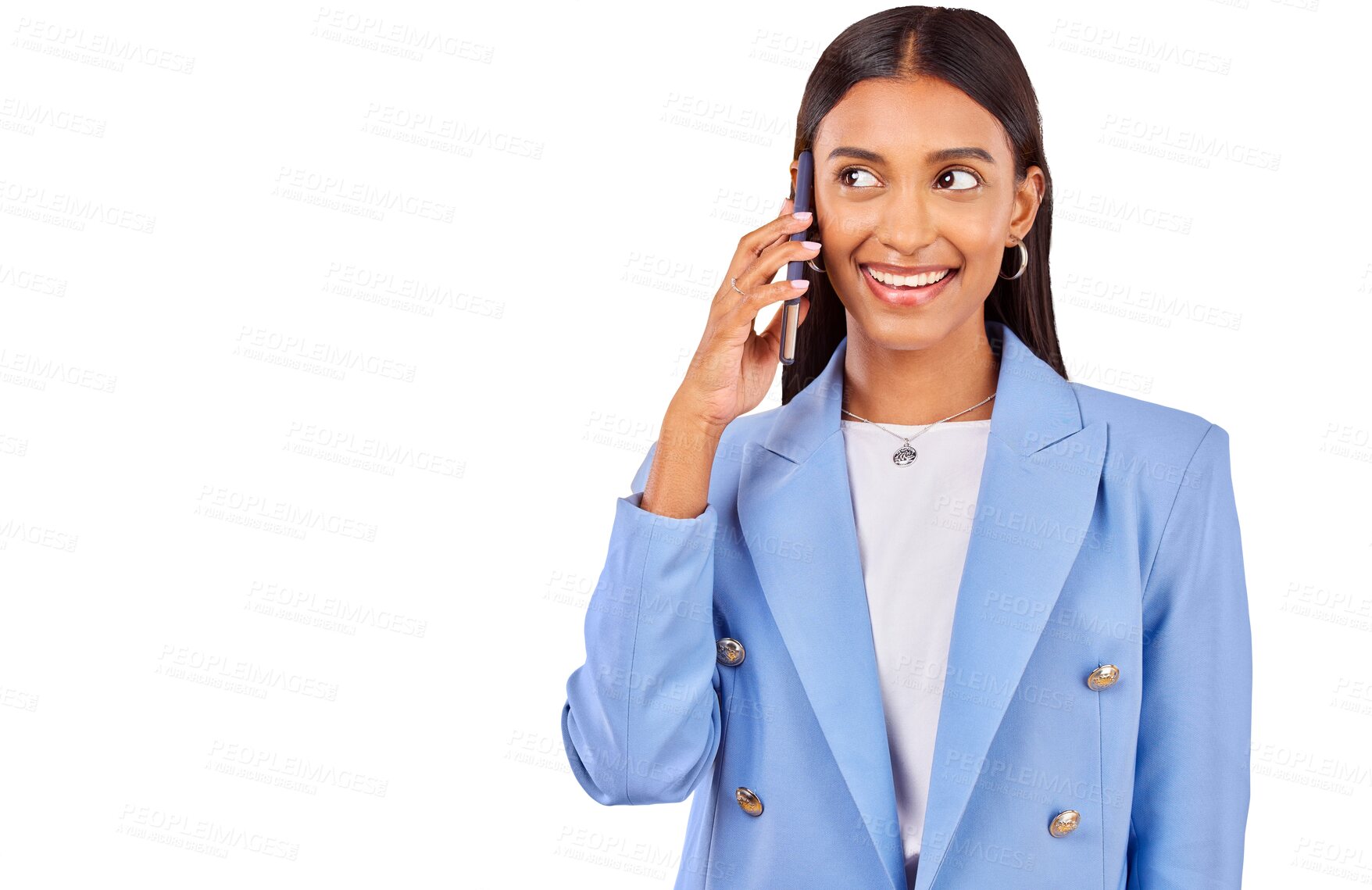 Buy stock photo Smile, face of woman and phone call isolated on transparent png background for communication, chat and talk. Business networking, discussion and happy young professional with smartphone conversation