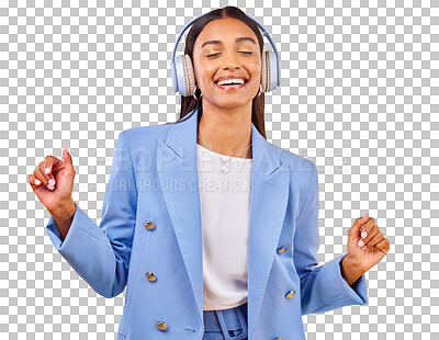 Buy stock photo Isolated business woman, headphones and dance with thinking, music and listen by transparent png background. Excited entrepreneur, audio streaming subscription and dancer with ideas, memory or radio