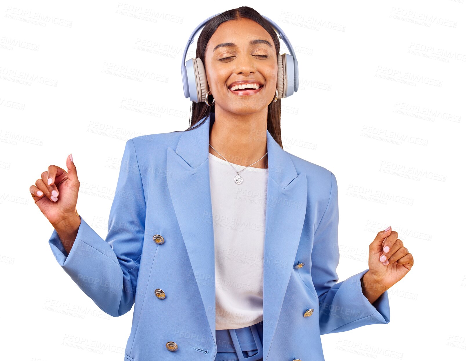 Buy stock photo Isolated business woman, headphones and dance with thinking, music and listen by transparent png background. Excited entrepreneur, audio streaming subscription and dancer with ideas, memory or radio