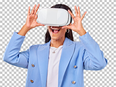 Buy stock photo Isolated business woman, virtual reality glasses or excited smile for metaverse, ui or transparent png background. Entrepreneur, 3d user experience and happy for futuristic ar vision in digital world