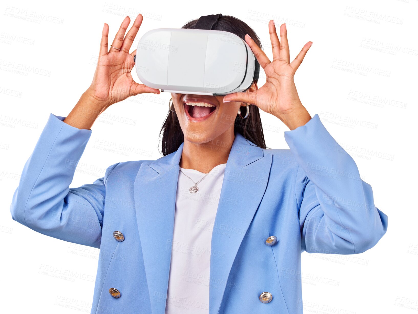 Buy stock photo Isolated business woman, virtual reality glasses or excited smile for metaverse, ui or transparent png background. Entrepreneur, 3d user experience and happy for futuristic ar vision in digital world