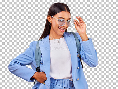 Buy stock photo Sunglasses, student or portrait of woman with backpack, smile or trendy clothes with fashion. Girl, happy person and excited face of gen z with cool style and isolated on transparent png background