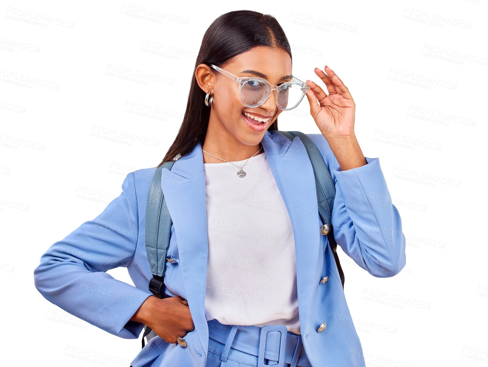 Buy stock photo Sunglasses, student or portrait of woman with backpack, smile or trendy clothes with fashion. Girl, happy person and excited face of gen z with cool style and isolated on transparent png background