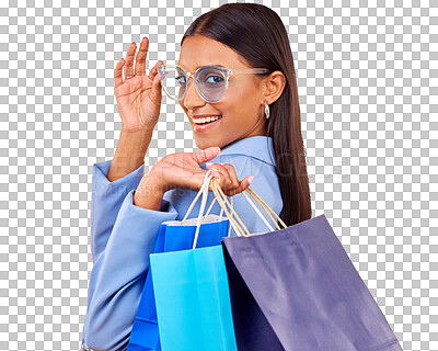 Buy stock photo Shopping bag, portrait of happy woman with sunglasses and isolated on transparent png background for retail deal. Gift, face and girl customer with smile, modern fashion at discount sale and offer