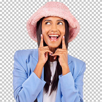 Buy stock photo Fashion, thinking and woman for excited with happy, funny and comedy or playful expression. Emoji, smile and young person with trendy clothes in style hat and isolated on transparent png background