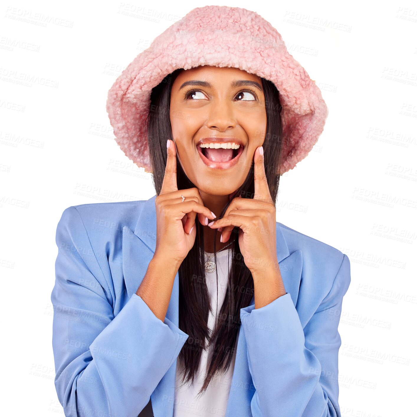 Buy stock photo Fashion, thinking and woman for excited with happy, funny and comedy or playful expression. Emoji, smile and young person with trendy clothes in style hat and isolated on transparent png background