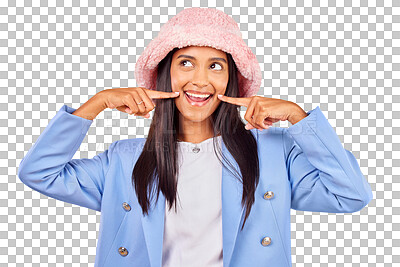 Buy stock photo Fashion, smile and face of woman happiness with trendy clothes, stylish apparel or fashionable outfit color. Emoji facial expression, happy and Indian person isolated on transparent, png background