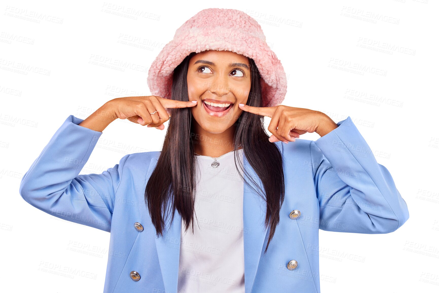 Buy stock photo Fashion, smile and face of woman happiness with trendy clothes, stylish apparel or fashionable outfit color. Emoji facial expression, happy and Indian person isolated on transparent, png background