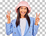 Fashion, peace sign and face of Indian woman on yellow backgroun