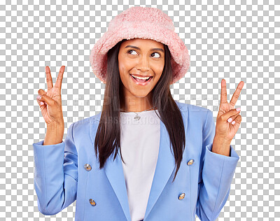 Buy stock photo Fashion, peace sign and hat with a trendy indian woman isolated on a transparent background for style. Emoji, smile and accessories with a happy young model feeling silly in a clothes outfit on PNG