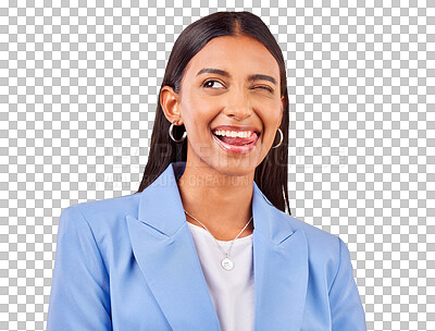 Buy stock photo Funny, business woman and smile with wink and tongue out on isolated transparent png background. Happiness, female worker and creative with emoji and comedy face of a employee with modern fashion