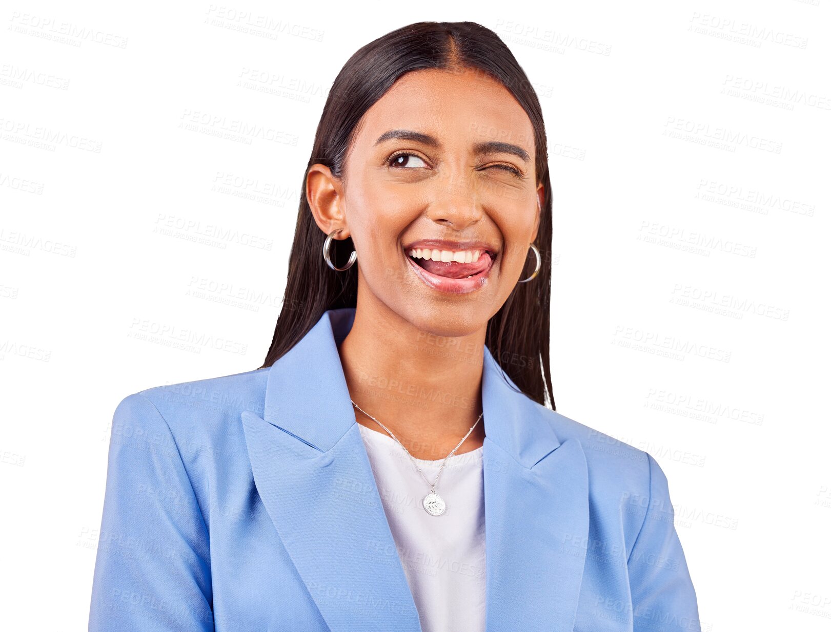 Buy stock photo Funny, business woman and smile with wink and tongue out on isolated transparent png background. Happiness, female worker and creative with emoji and comedy face of a employee with modern fashion