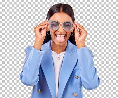 Buy stock photo Funny, woman and sunglasses with goofy face, creative and isolated on transparent png background. Business, crazy and young professional in modern fashion, trendy cool style glasses and work clothes.