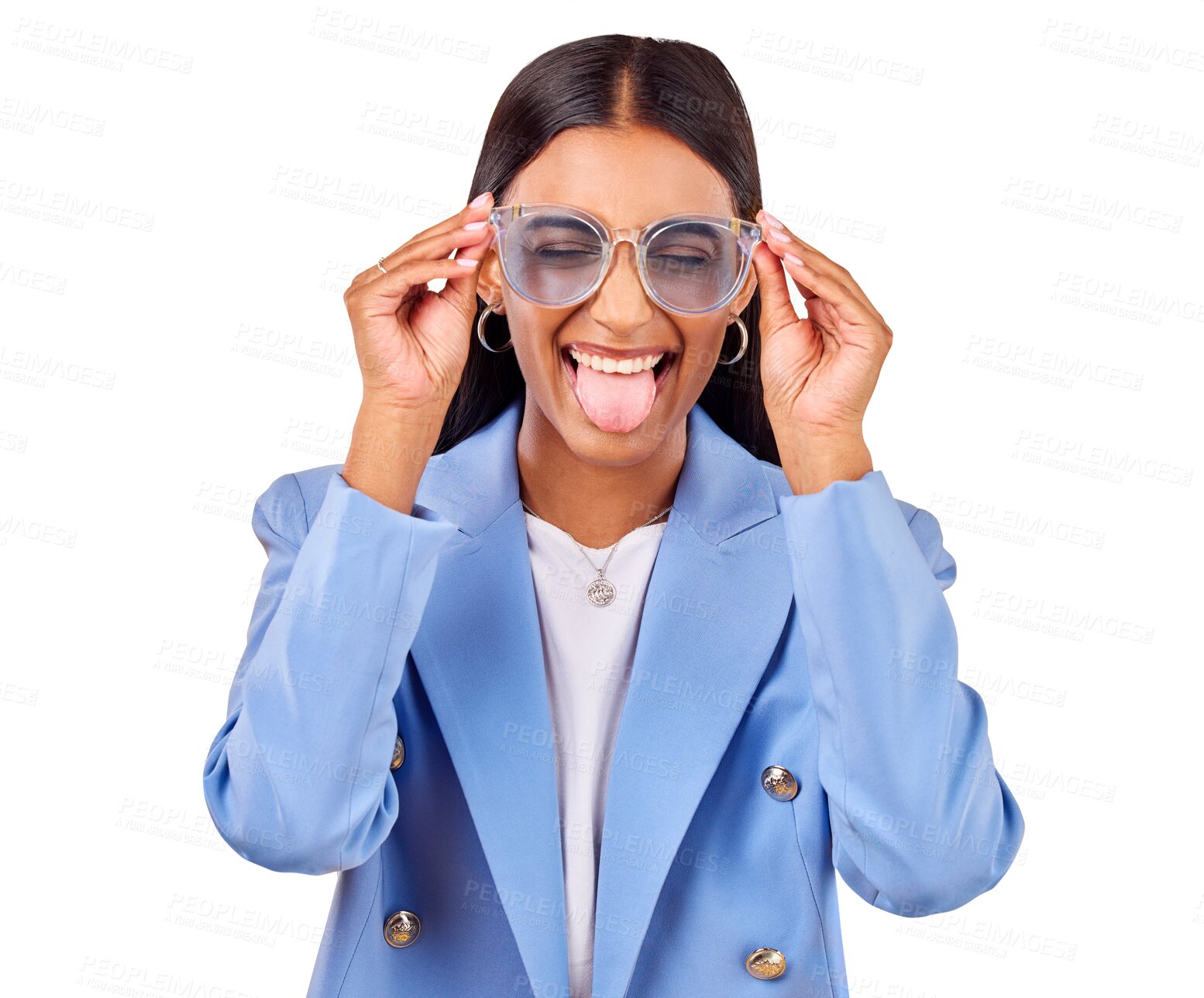 Buy stock photo Funny, woman and sunglasses with goofy face, creative and isolated on transparent png background. Business, crazy and young professional in modern fashion, trendy cool style glasses and work clothes.