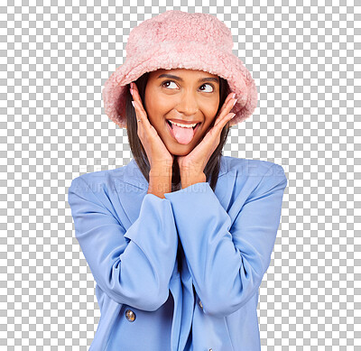 Buy stock photo Fashion, tongue and hat with a trendy indian woman isolated on a transparent background for style. Comic, smile and funny face with a happy young model feeling silly in a clothes outfit on PNG