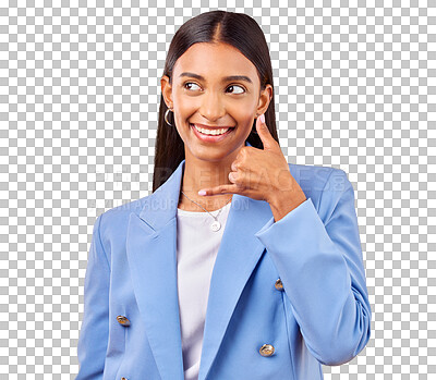 Buy stock photo Business woman, hands and call me sign with smile for communication, connection and networking. Young person, happy and indian professional as consultant and isolated on transparent png background 