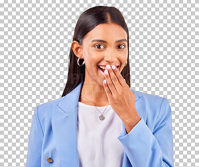 Buy stock photo Business woman, hand and mouth for surprise, announcement and news by transparent png background. Isolated, shock and wow with smile for promotion, secret and gossip in portrait, sales and info