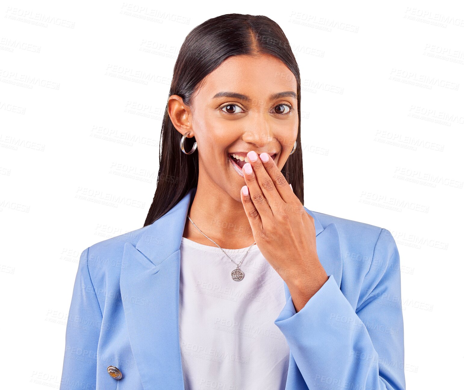 Buy stock photo Business woman, hand and mouth for surprise, announcement and news by transparent png background. Isolated, shock and wow with smile for promotion, secret and gossip in portrait, sales and info