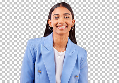 Buy stock photo Business woman, happy and portrait for professional style, fashion suit and career pride. Smile, face or young indian employee with confident for about us or isolated on transparent png background 