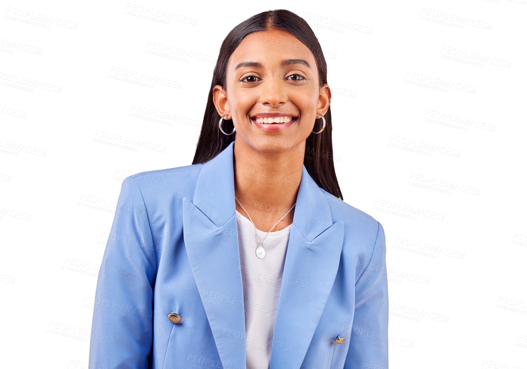 Buy stock photo Business woman, happy and portrait for professional style, fashion suit and career pride. Smile, face or young indian employee with confident for about us or isolated on transparent png background 