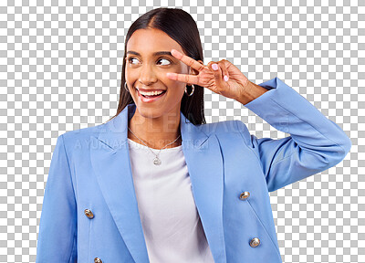 Buy stock photo Smile, woman and peace sign, hand on face and creative isolated on transparent png background. Business, happiness and young professional girl with modern fashion, trendy cool style and work clothes.