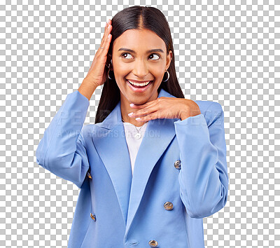 Buy stock photo Business woman, hands and face in happy frame for creative perspective, idea or unique thinking. Indian model, employee and silly emoji on isolated or transparent png background in corporate startup