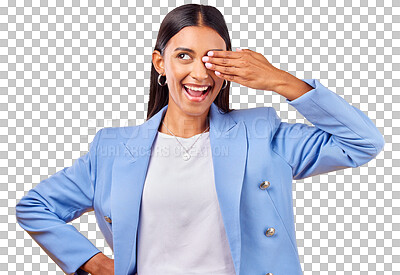 Buy stock photo Thinking, fashion and woman with a smile, business and happiness isolated on a transparent background. Person, girl and model with vision, worker and covering eye with consultant, employee and png