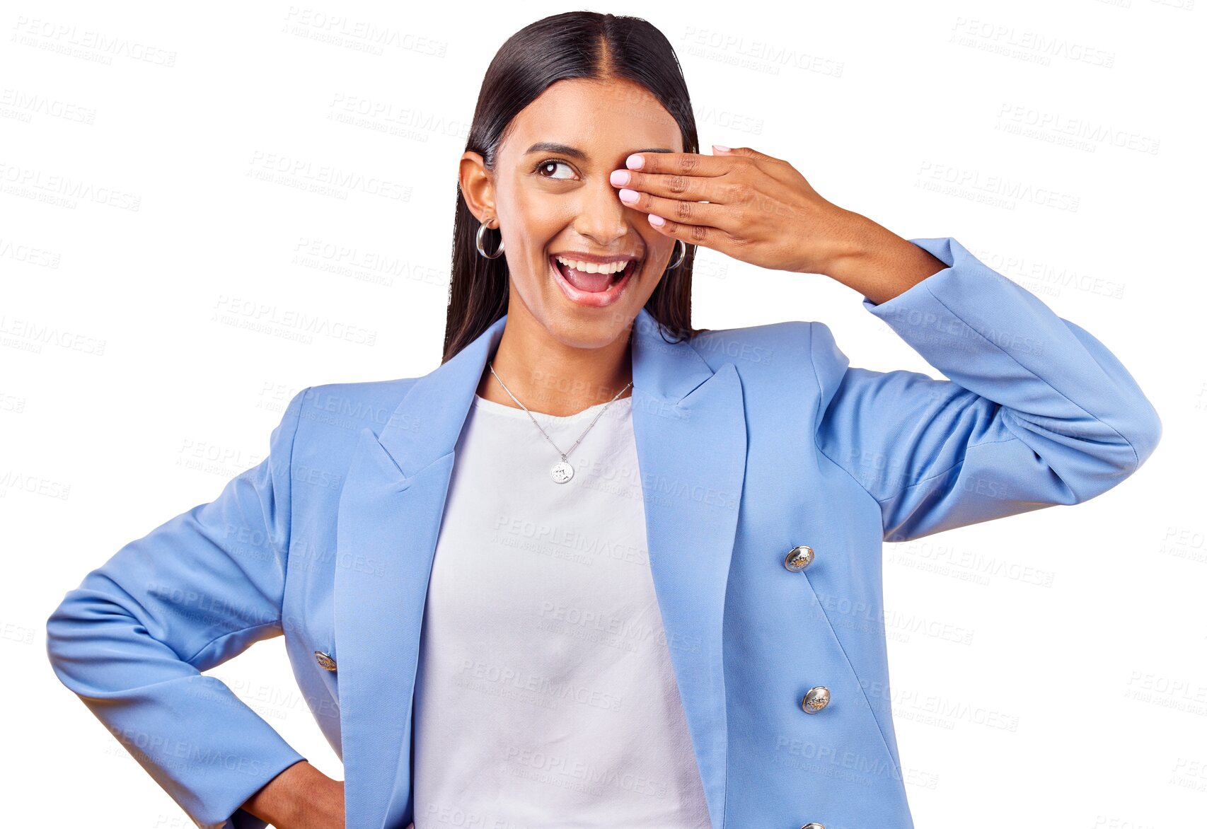 Buy stock photo Thinking, fashion and woman with a smile, business and happiness isolated on a transparent background. Person, girl and model with vision, worker and covering eye with consultant, employee and png