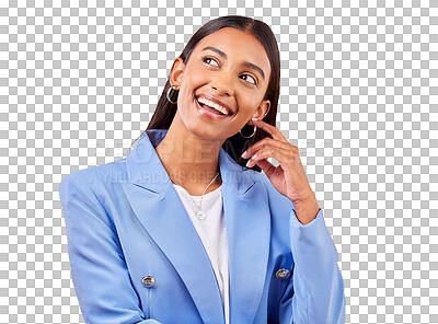 Buy stock photo Happy business woman, thinking and idea for solution or problem solving isolated on a transparent PNG background. Face of female person, employee or model smile in wonder, decision or option choice