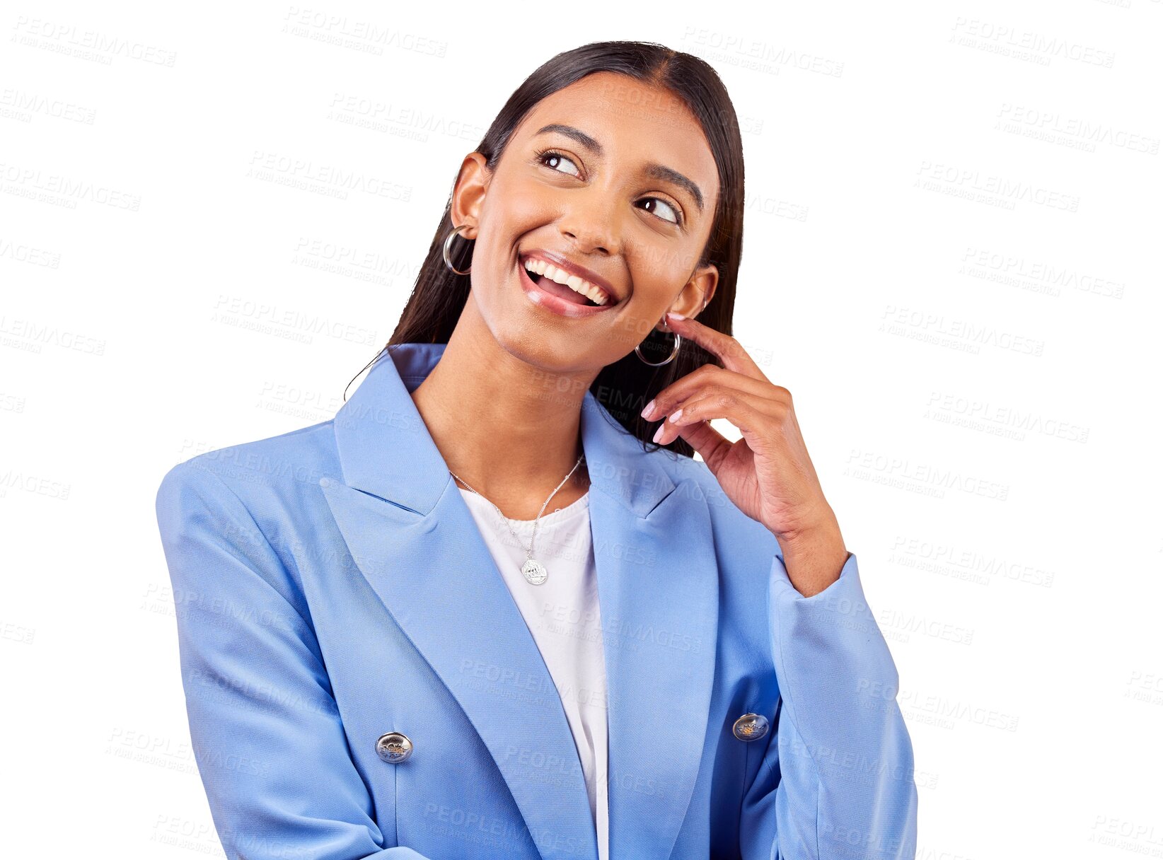 Buy stock photo Happy business woman, thinking and idea for solution or problem solving isolated on a transparent PNG background. Face of female person, employee or model smile in wonder, decision or option choice