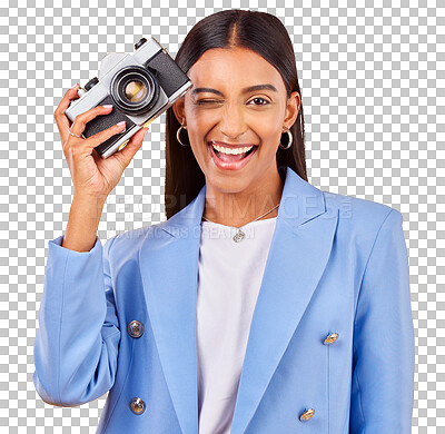 Buy stock photo Wink, portrait and young woman with camera for photography with stylish, trendy and classy outfit. Happy, flirting and Indian model with vintage dslr equipment isolated by transparent png background.