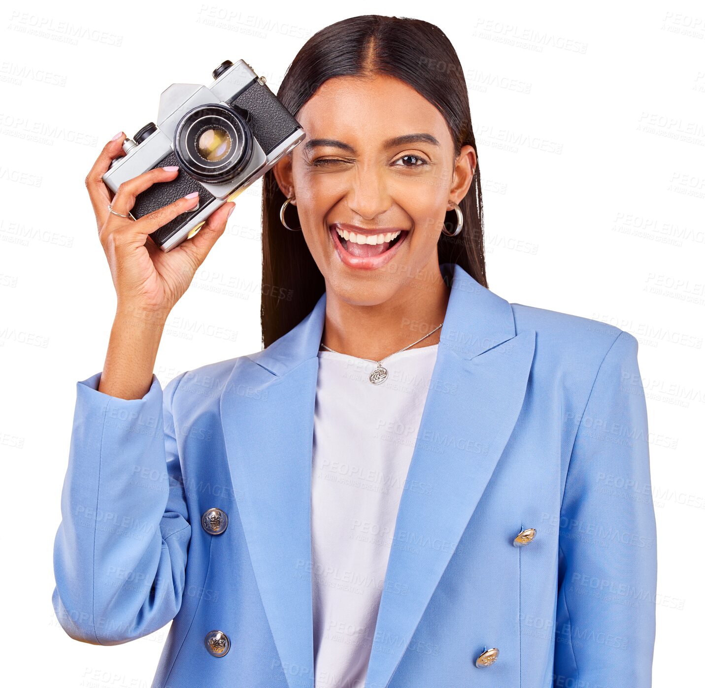 Buy stock photo Wink, portrait and young woman with camera for photography with stylish, trendy and classy outfit. Happy, flirting and Indian model with vintage dslr equipment isolated by transparent png background.