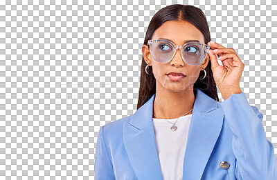 Buy stock photo Thinking, face of woman with sunglasses and creative style isolated on transparent png background. Business, ideas and young professional with modern fashion, trendy cool glasses and work clothes.