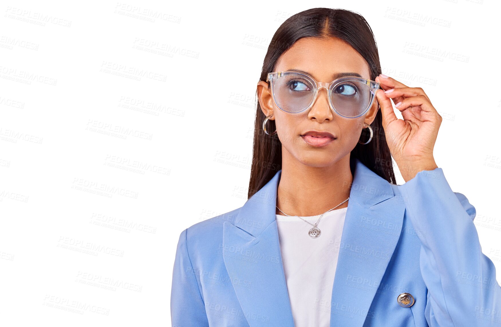 Buy stock photo Thinking, face of woman with sunglasses and creative style isolated on transparent png background. Business, ideas and young professional with modern fashion, trendy cool glasses and work clothes.