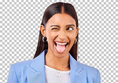 Buy stock photo Funny, business woman and tongue out for silly and crazy isolated on a png transparent background. Happy, Indian person and employee with comedy face or emoji with modern fashion, style and outfit