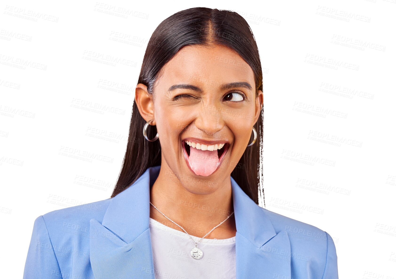 Buy stock photo Funny, business woman and tongue out for silly and crazy isolated on a png transparent background. Happy, Indian person and employee with comedy face or emoji with modern fashion, style and outfit