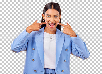 Buy stock photo Fingers on cheek, portrait and woman with happiness, excited and fashion isolated on transparent background. Face, person and model with png, joy and emoji with a smile, silly and positive attitude