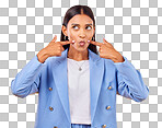 Face, fingers on cheek and a woman in studio for positive attitu